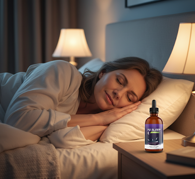 Yu Sleep supplement bottle on a nightstand with soft morning light